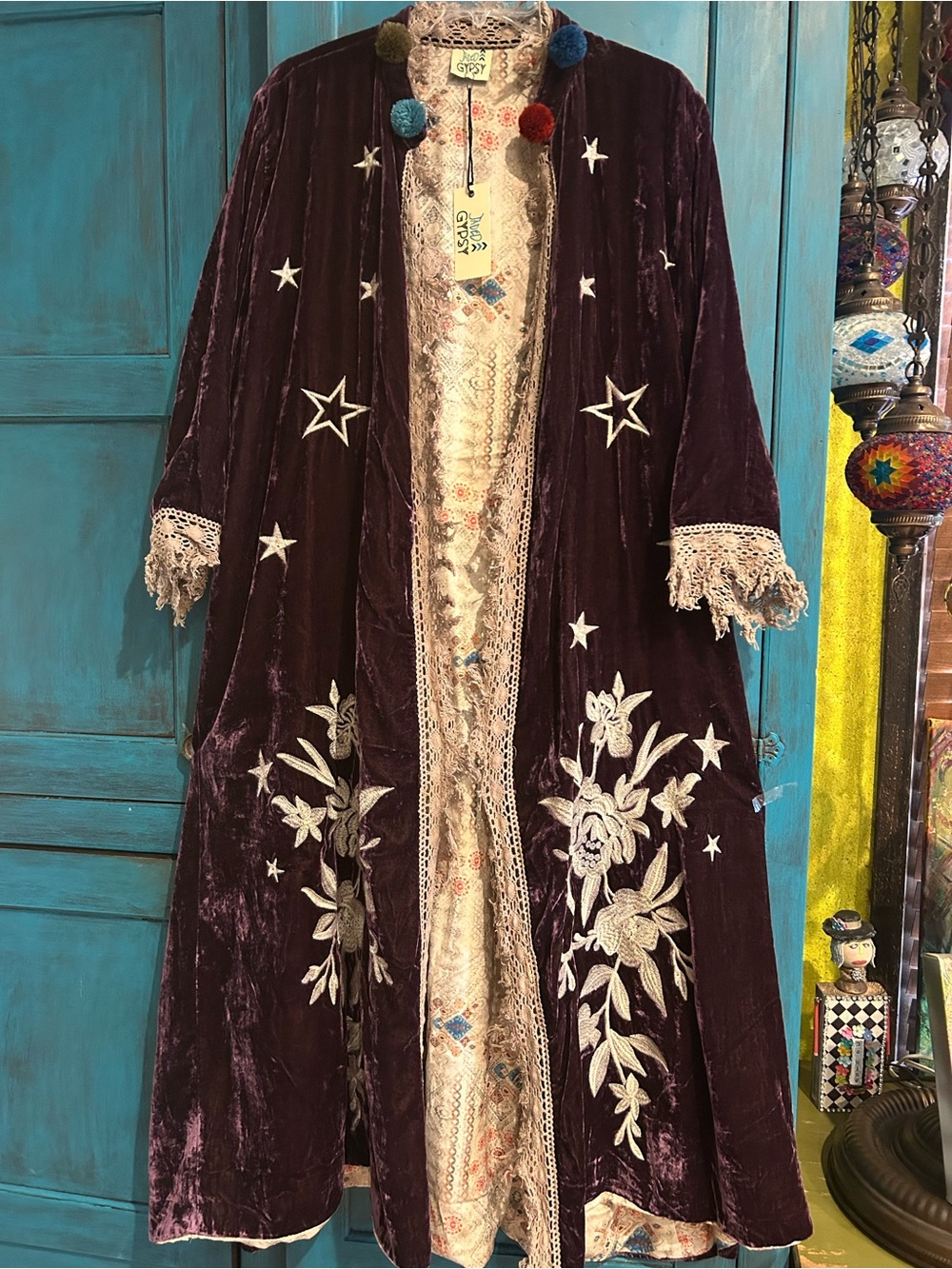 Plum Velvet Embroidered Long Kimono Coat with Lace Trim